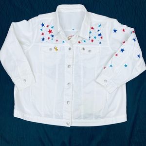 QUAKER FACTORY Women’s White USA July 4th Star embroidered Denim Jacket